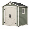 Abri de jardin 180 x 120 x 190 cm en résine vert sauge avec portes doubles style cottage