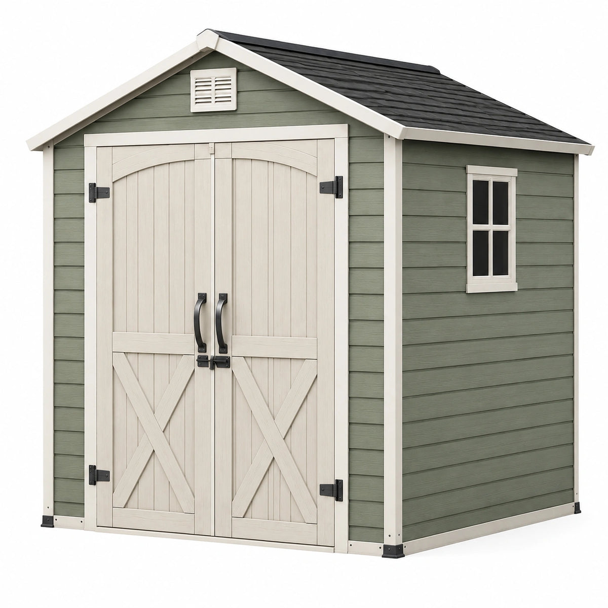 Abri de jardin 180 x 120 x 190 cm en résine vert sauge avec portes doubles style cottage