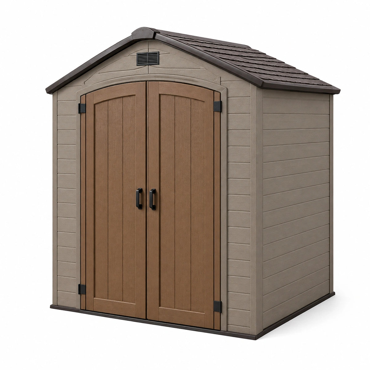 Abri de jardin 180 x 120 x 200 cm en résine taupe et marron à double porte