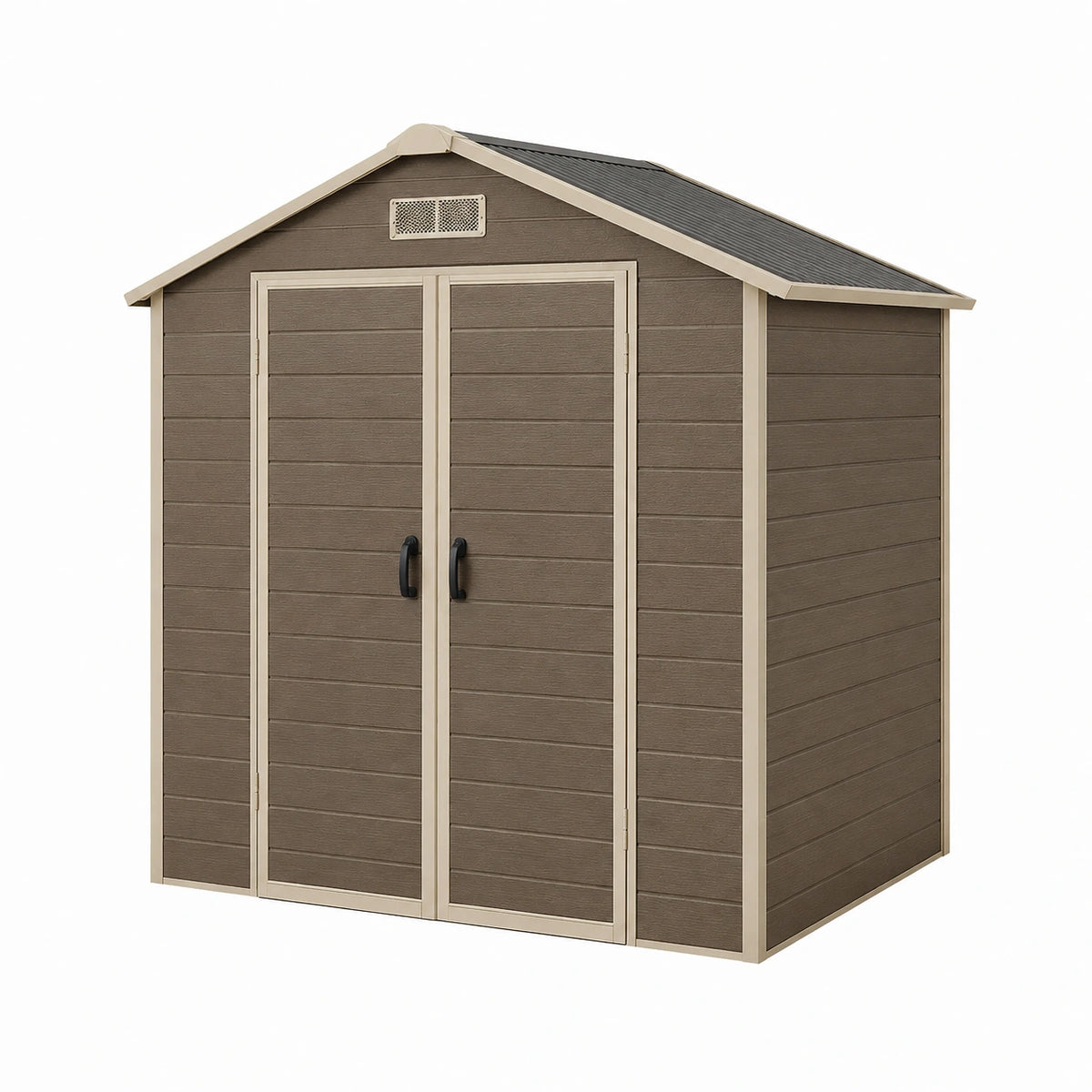 Abri de jardin 185 x 152 x 226 cm en résine brun taupe à double porte ventilé