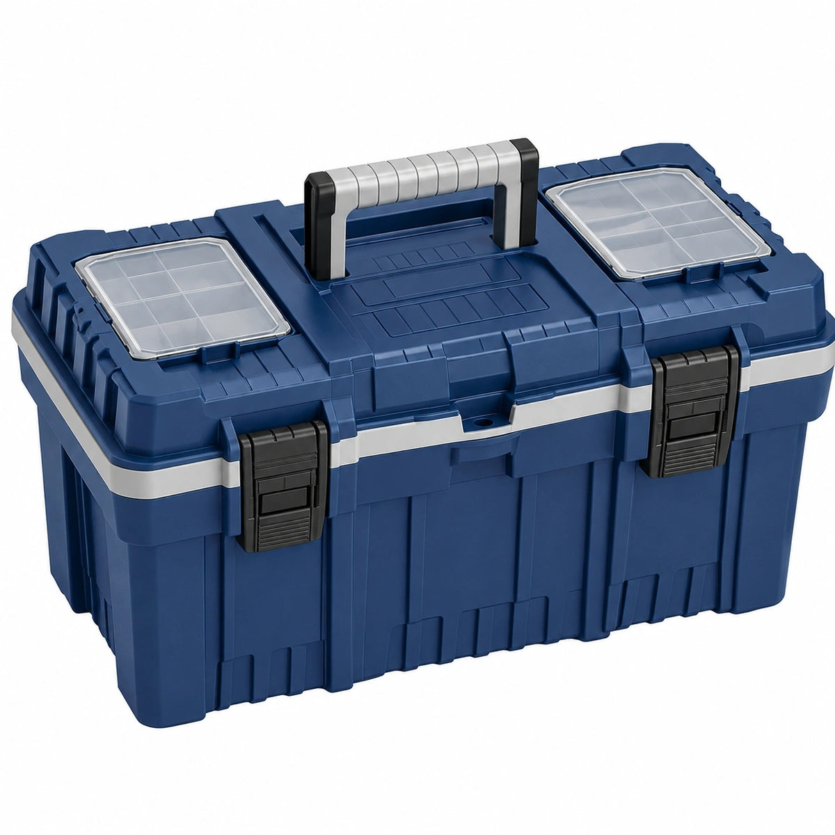 Boîte à outils 60 x 30 x 32 cm en plastique bleu avec compartiments et poignée de transport
