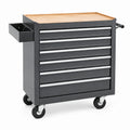 Servante d'atelier 77 x 46 x 97 cm en acier noir avec plateau en bambou et 6 tiroirs sur roulettes