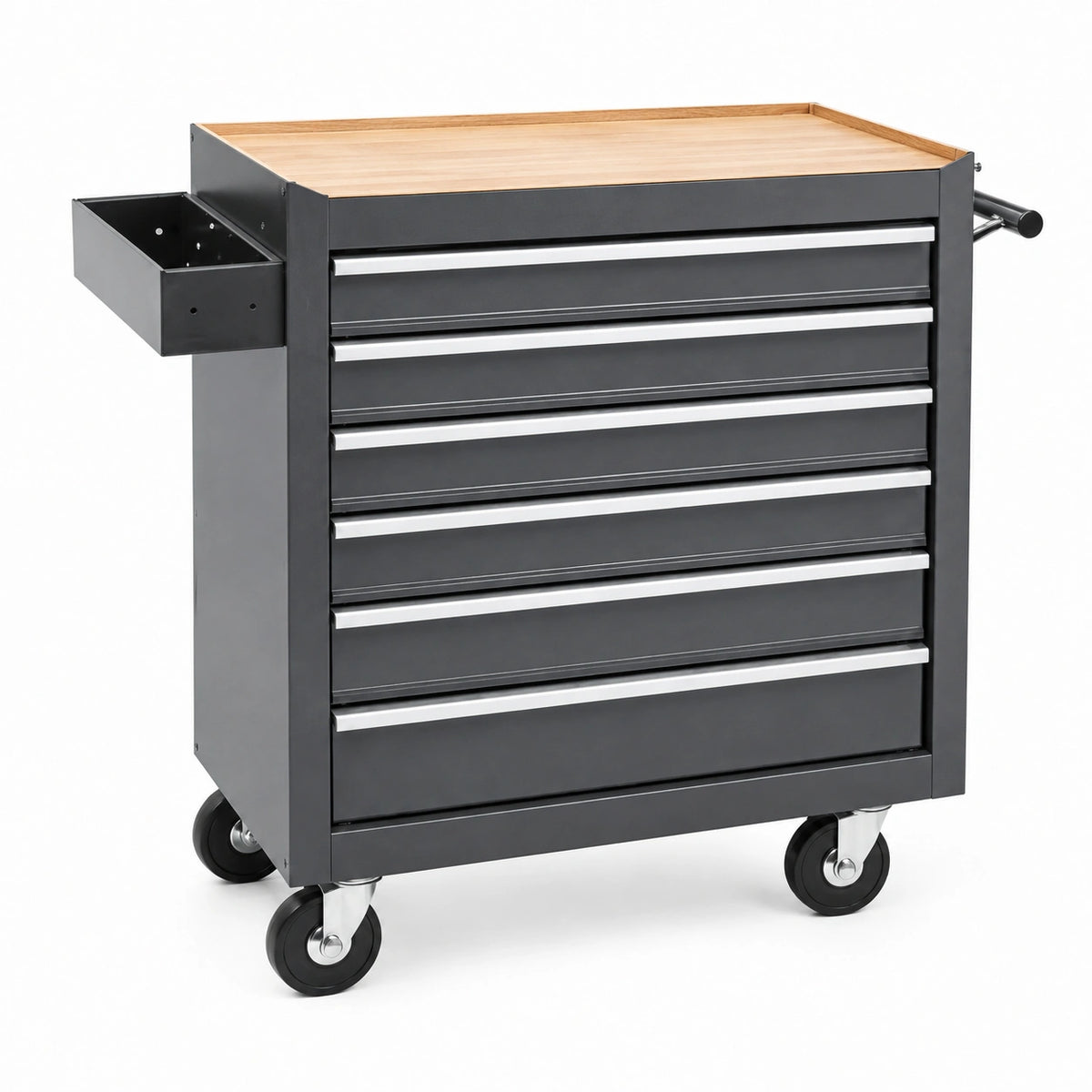 Servante d'atelier 77 x 46 x 97 cm en acier noir avec plateau en bambou et 6 tiroirs sur roulettes