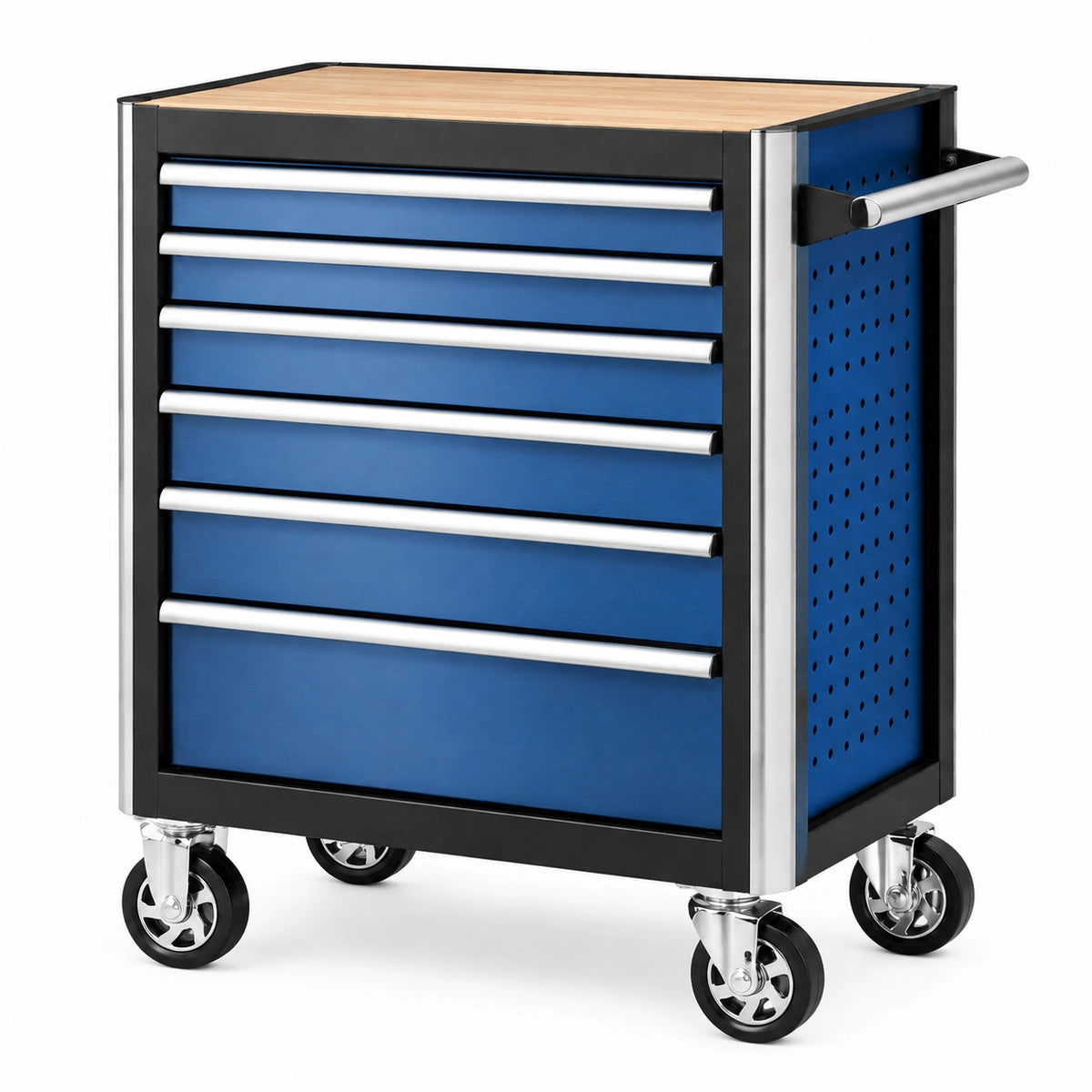 Servante d'atelier 80 x 45 x 95 cm en métal bleu et noir avec 6 tiroirs sur roulettes