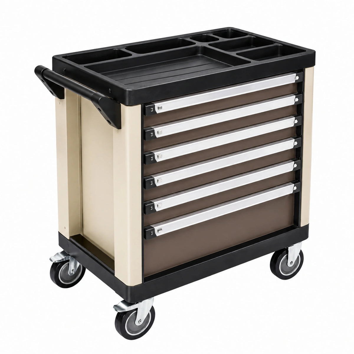 Chariot à outils 78 x 46 x 90 cm en métal beige et noir avec 6 tiroirs et roulettes