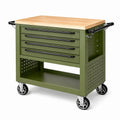 Desserte d'atelier 100 x 50 x 95 cm en acier vert avec plateau en bois et roulettes