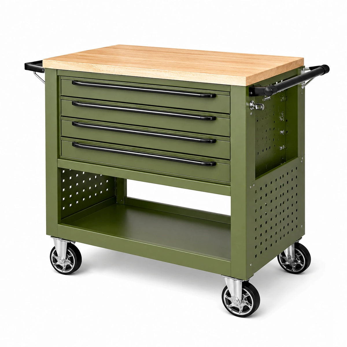 Desserte d'atelier 100 x 50 x 95 cm en acier vert avec plateau en bois et roulettes
