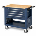 Établi roulant 112 x 52 x 96 cm en acier bleu avec plateau en bois et 4 tiroirs