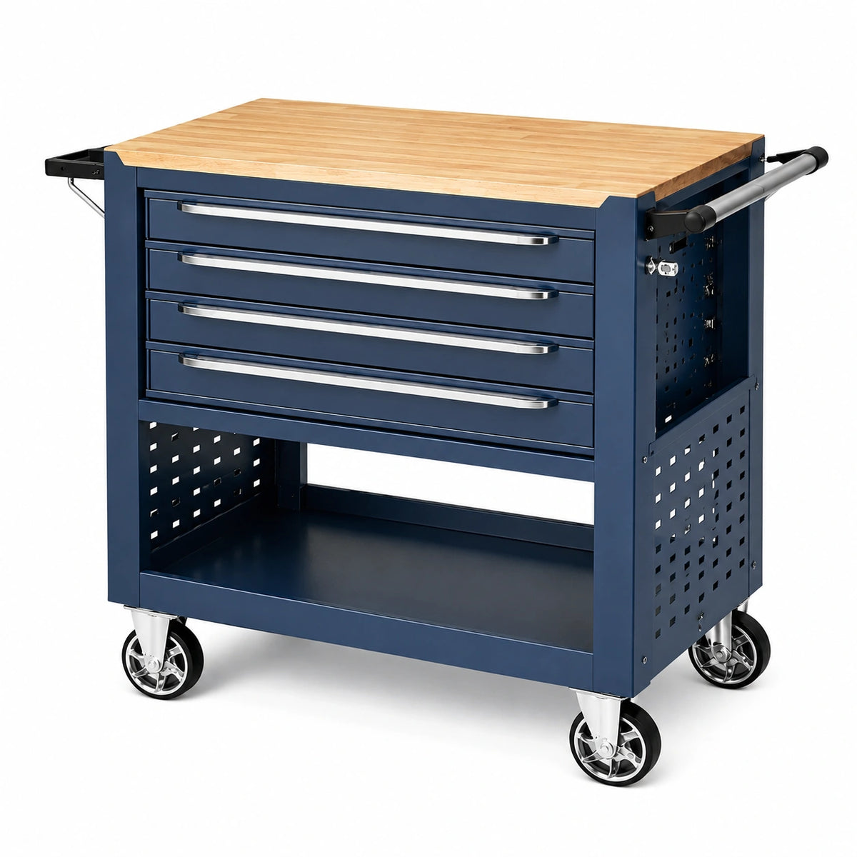 Établi roulant 112 x 52 x 96 cm en acier bleu avec plateau en bois et 4 tiroirs