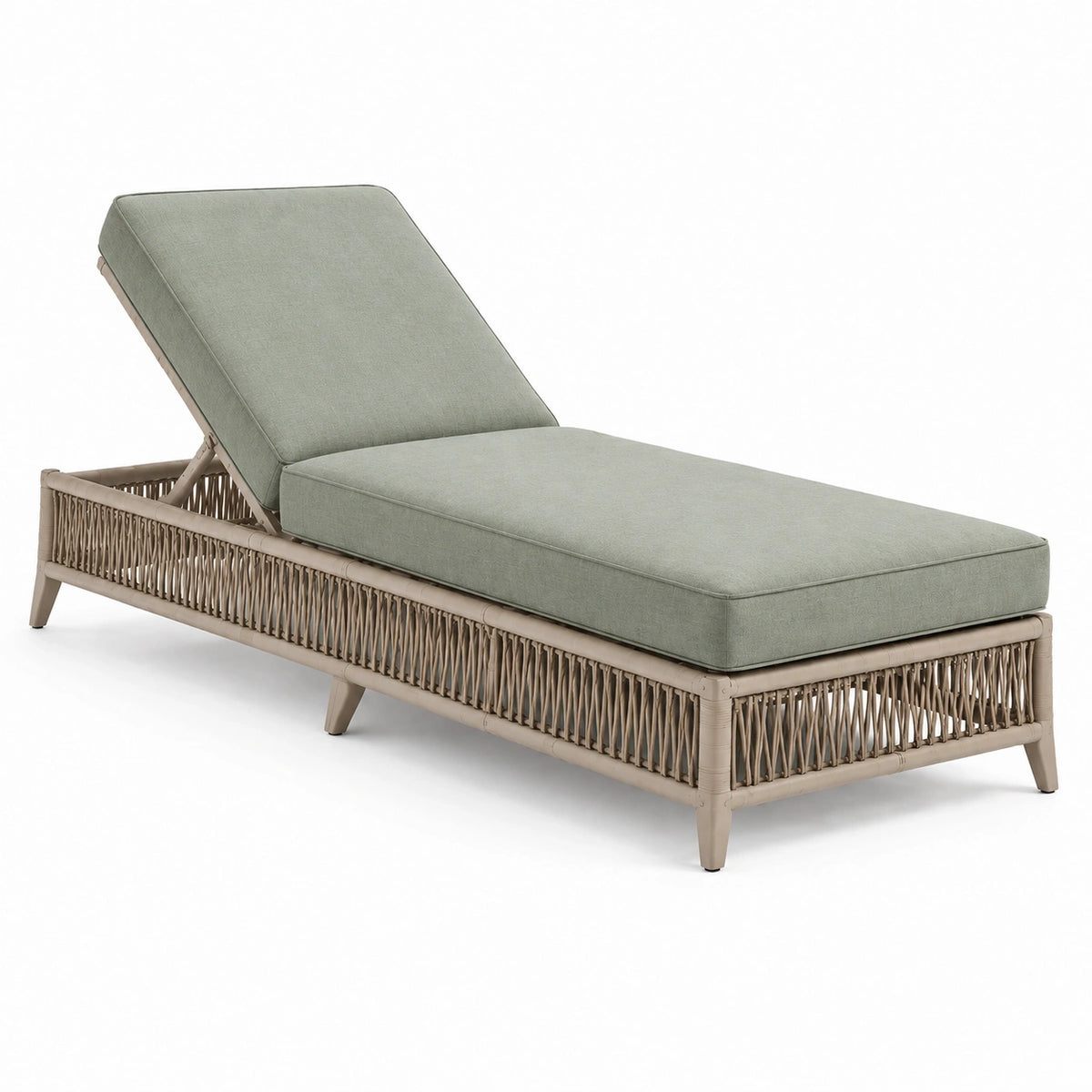 Chaise longue de jardin 200 x 70 x 85 cm en fibres tressées beige avec coussin vert et dossier réglable