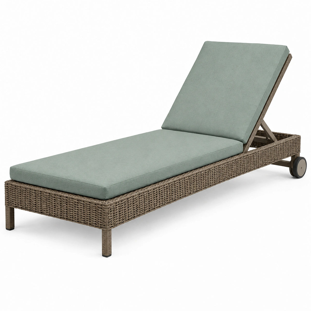 Bain de soleil 200 x 70 cm en résine tressée marron avec coussin vert et dossier réglable