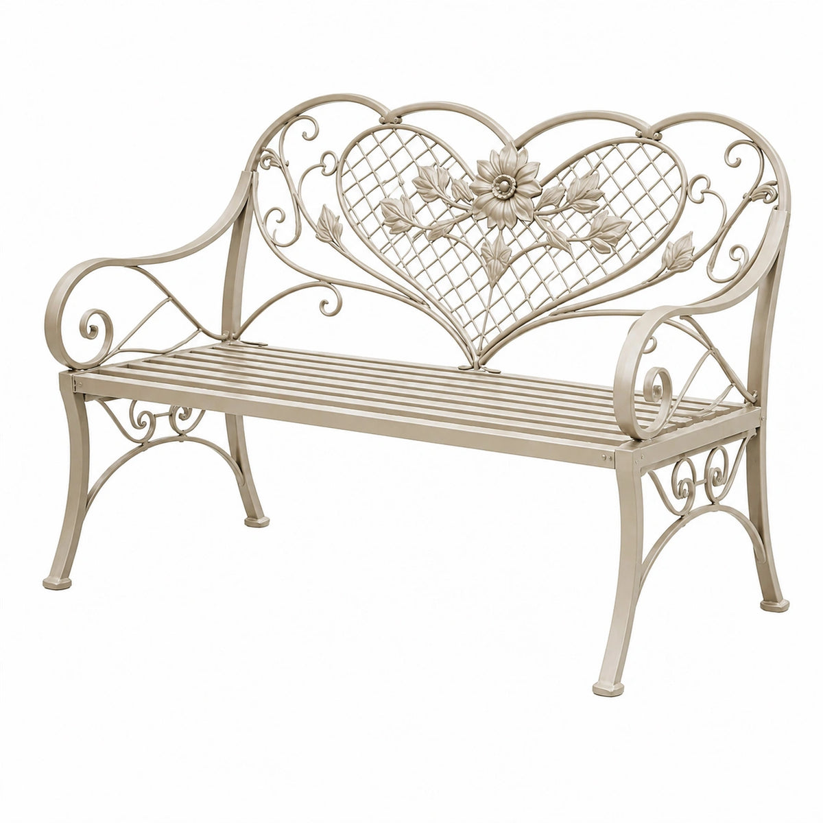 Banc de jardin 120 cm en métal beige - style romantique à motif floral