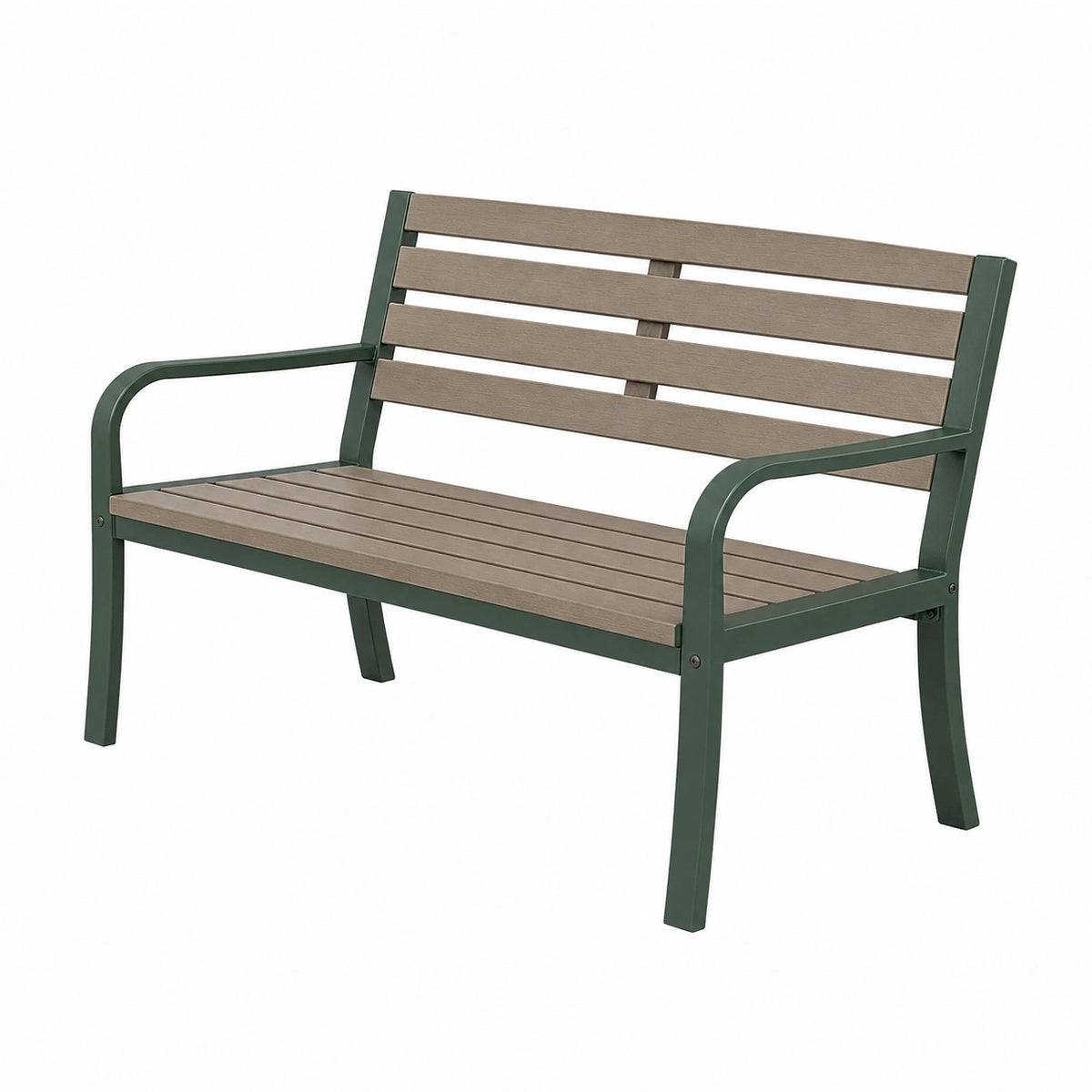 Banc de jardin 122 x 62 x 88 cm en métal vert et lattes aspect bois pour extérieur